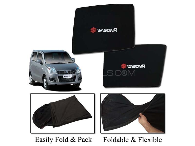 Suzuki Wagon R 2014-2022 Foldable Sun Shades With Logo | Mesh Fabric | Heat Proof | Dark Black  Image-1