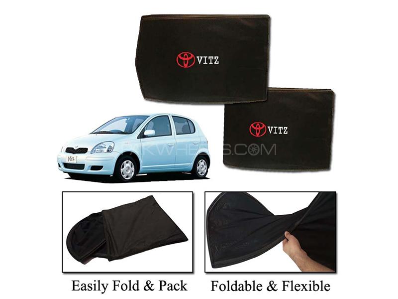 Toyota Vitz 1997-2004 Foldable Sun Shades With Logo | Mesh Fabric | Heat Proof | Dark Black  Image-1