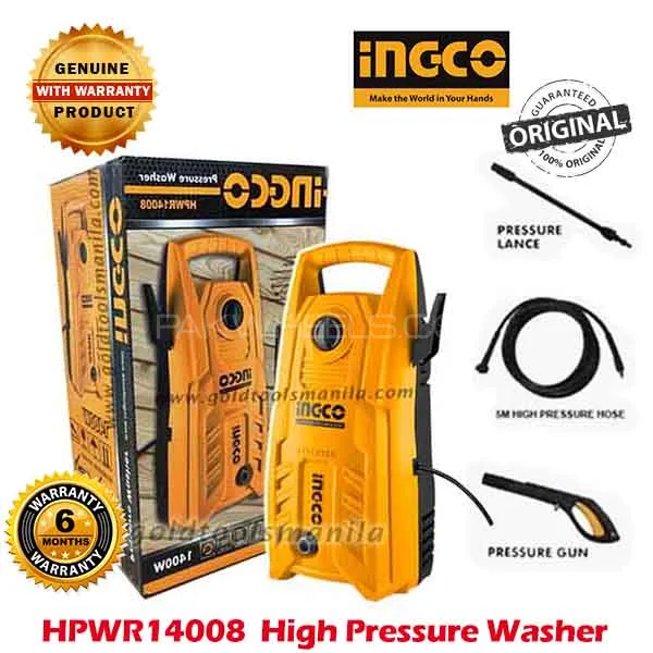 INGCO Brand Electric 1400-Watt High Pressure Car Washer - 130Bar Carbon Brush Motor with Foam Bottle Image-1