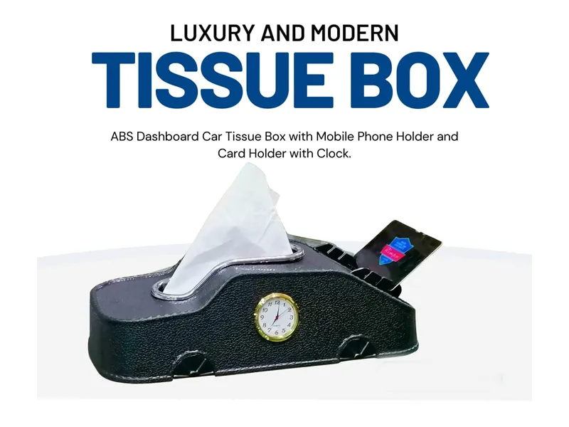 Dashboard 3 In 1 Tissue Box With Analog Clock Mobile Holder Card Holder Image-1