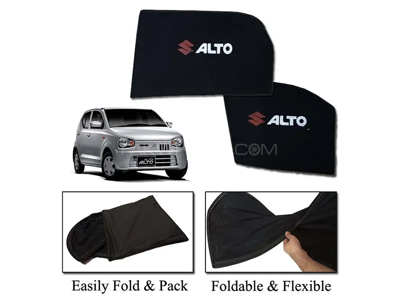 Suzuki Alto 2019-2023 Sun Shades With Logo | Foldable | Mesh Fabric | Heat Proof | Dark Black Image-1