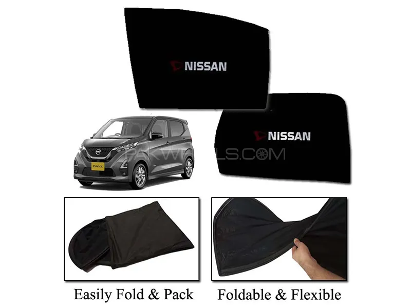 Nissan Dayz 2020-2022 Sun Shades With Logo | Foldable | Mesh Fabric | Heat Proof | Dark Black Image-1