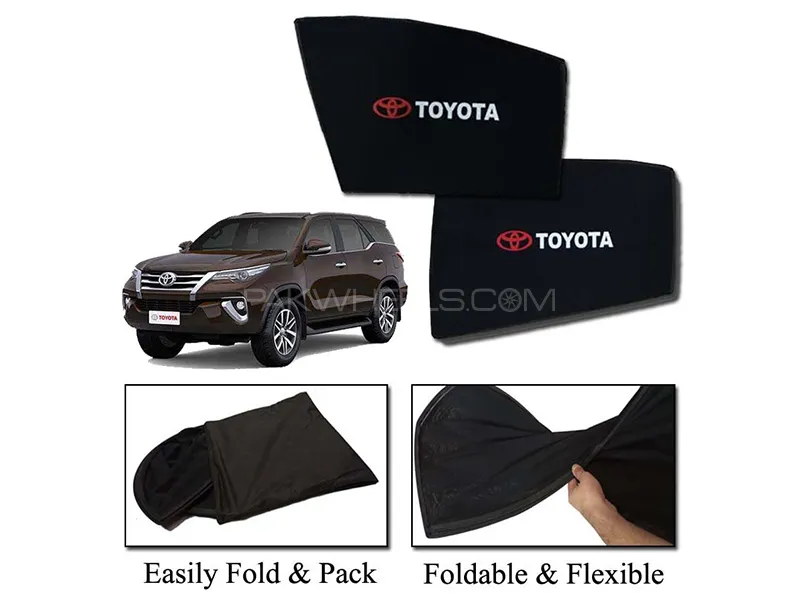 Toyota Fortuner 2016-2020 Sun Shades With Logo | Foldable | Mesh Fabric | Heat Proof | Dark Black Image-1