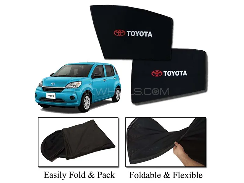 Toyota Passo 2017-2022 Sun Shades With Logo | Foldable | Mesh Fabric | Heat Proof | Dark Black Image-1