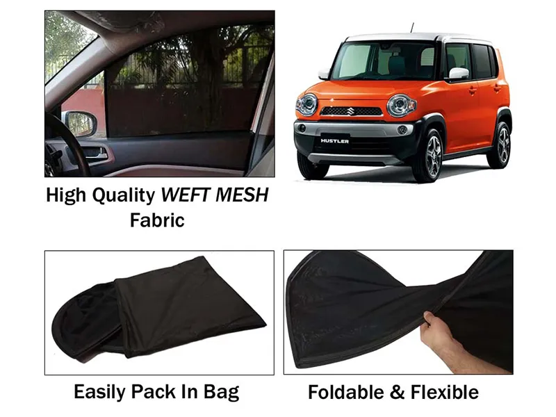 Suzuki Hustler Sun Shades | Foldable | Heat Proof | Mesh Fabric | Dark Black | 4 Pcs Set Image-1