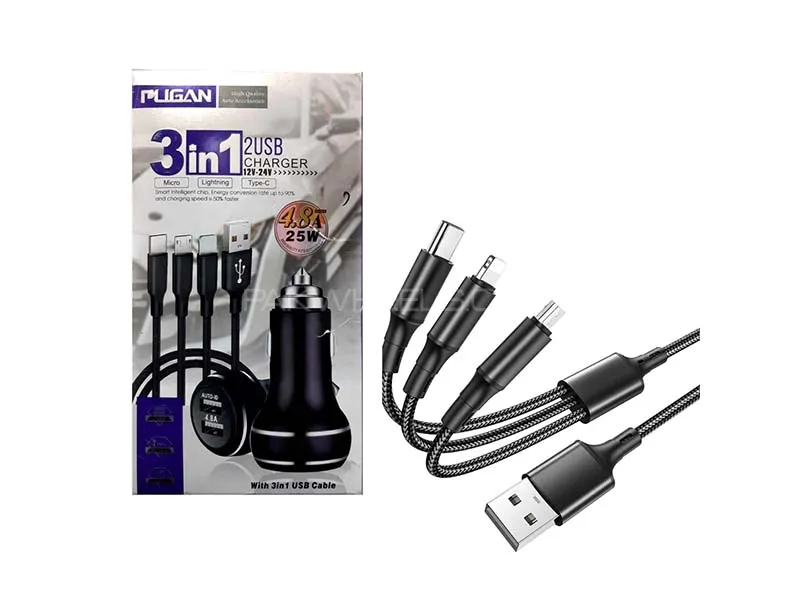 Car Charger 3in1 Data Cable Fast Charging 4.8A 25W Image-1