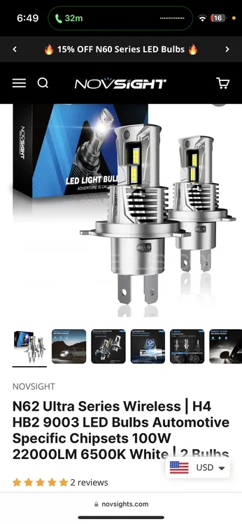 N62 Ultra Series Wireless | H4 HB2 9003 LED Bulbs Automotive Specific  Chipsets 100W 22000LM 6500K White | 2 Bulbs