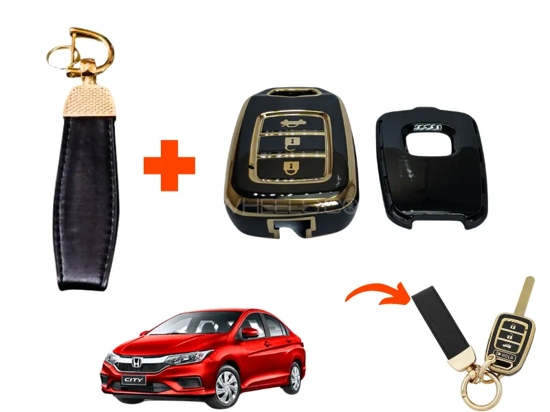 Honda City TPU Key Protection Cover Plus Leather Key Ring Combo- 1Set Image-1