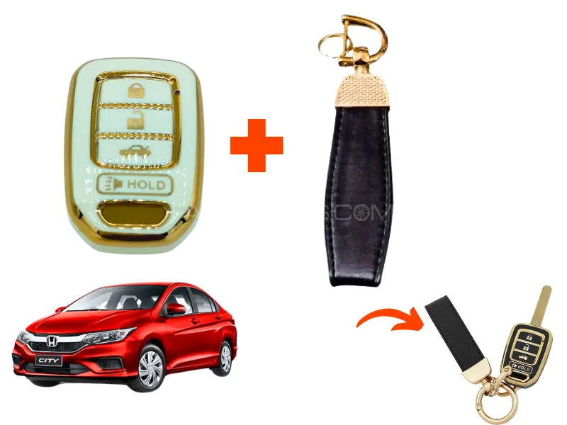 Honda City TPU Key Protection Cover Plus Leather Key Ring Combo Deal- 1Set Image-1