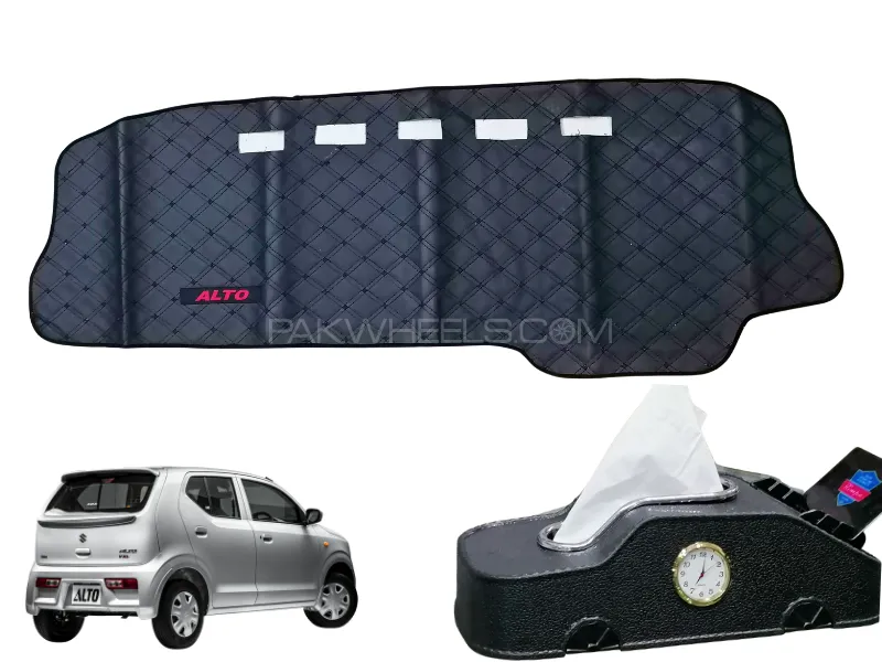 Suzuki Alto 7D Vinyle Dashboard Mat with ABS Tissue Box with Clock & Mobile Holder - Black Image-1