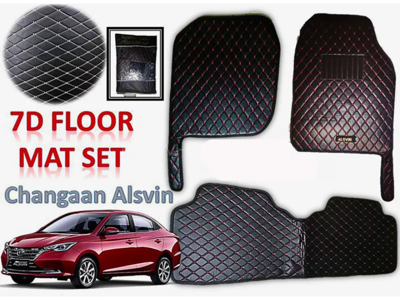 Changan Alsvin 7D Vinyle Floor Mats | Red Cross Stitched | Black Color | 3PCS Set Image-1