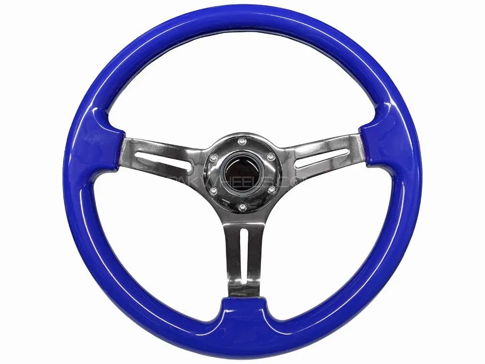 Universal Semi Dish Blue Chrome Steering Wheel In Premium Quality For Car 1 Pc Image-1